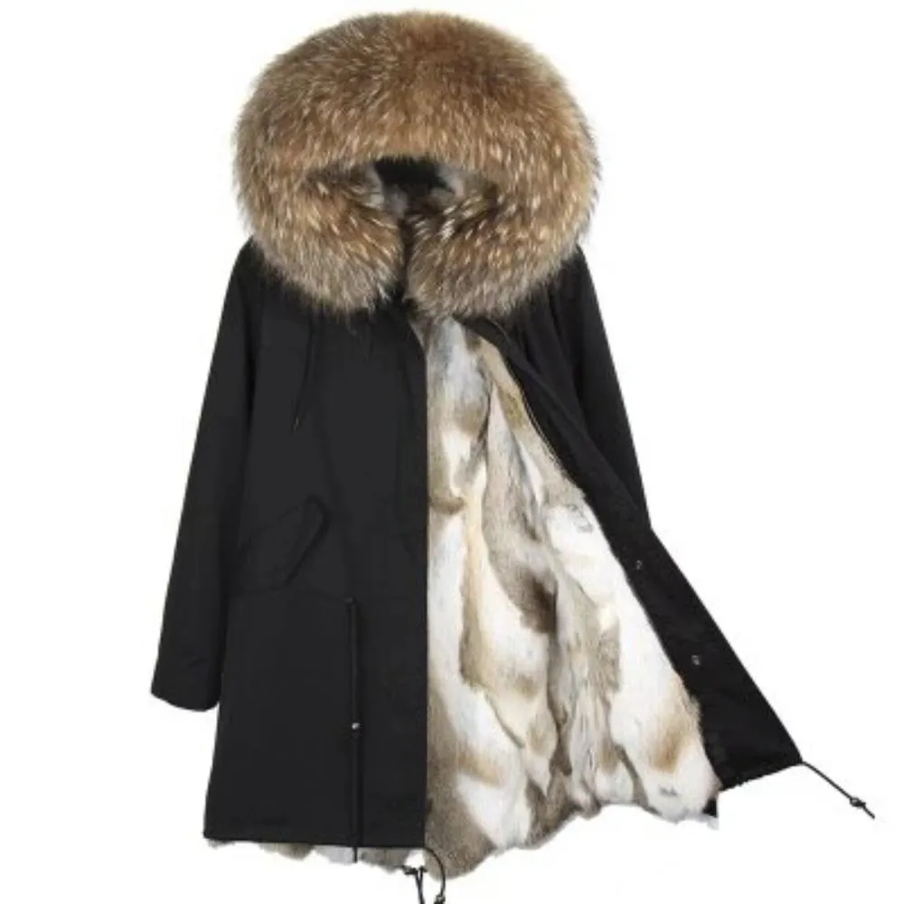 Women's Winter Casual Hooded Long Parka With Rabbit Fur