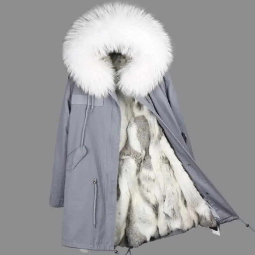 Women's Winter Casual Hooded Long Parka With Rabbit Fur