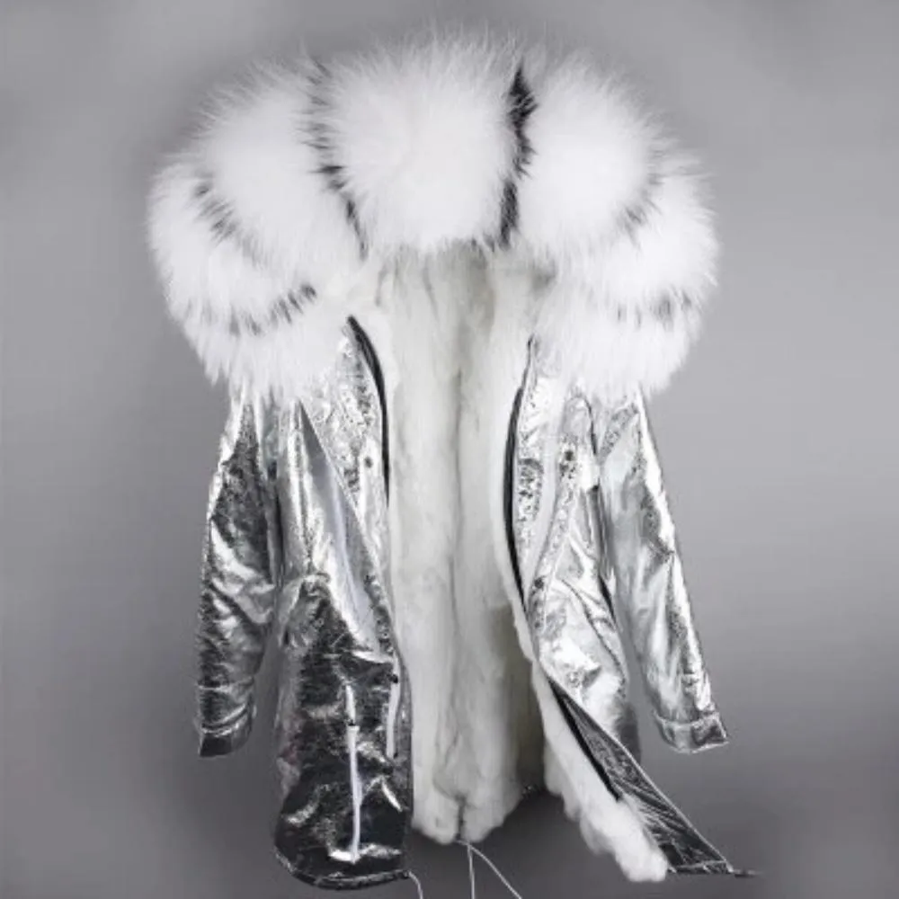 Women's Winter Casual Hooded Long Parka With Rabbit Fur