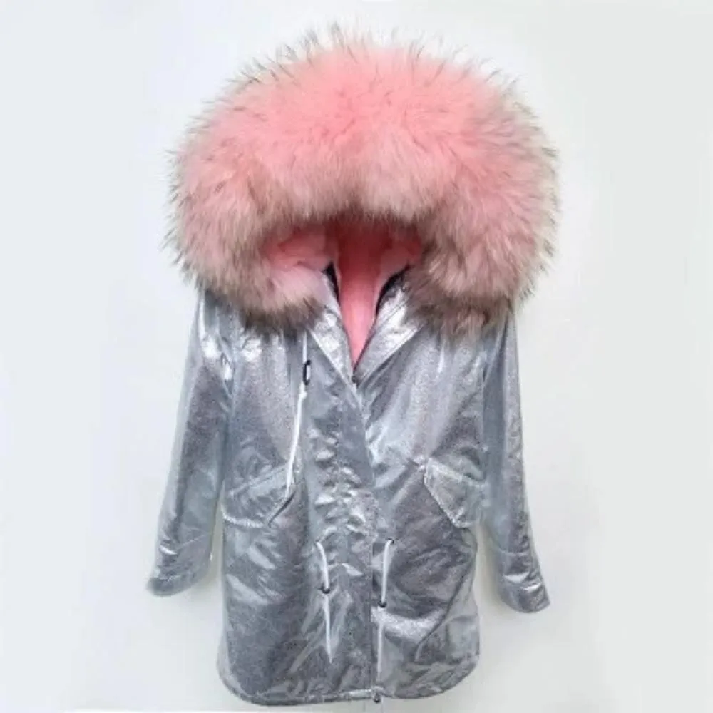 Women's Winter Casual Hooded Long Parka With Rabbit Fur