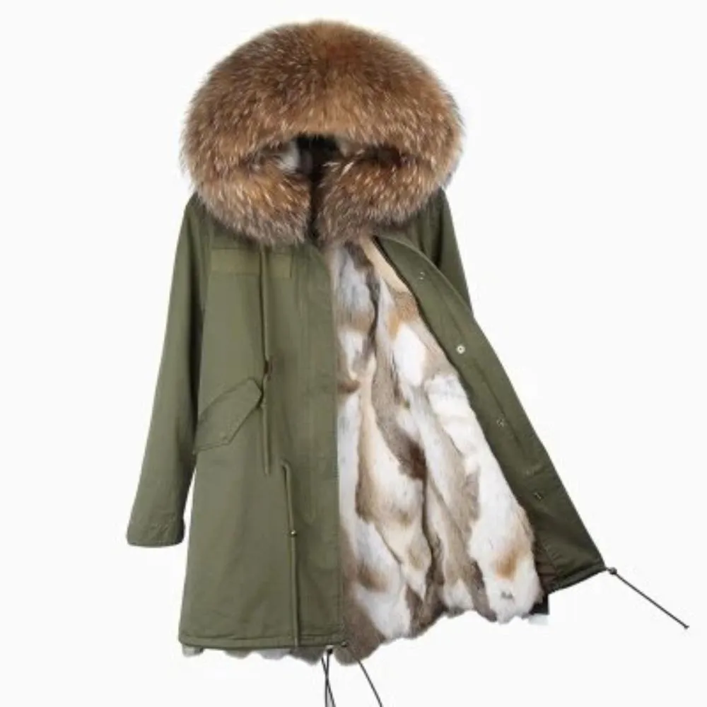 Women's Winter Casual Hooded Long Parka With Rabbit Fur