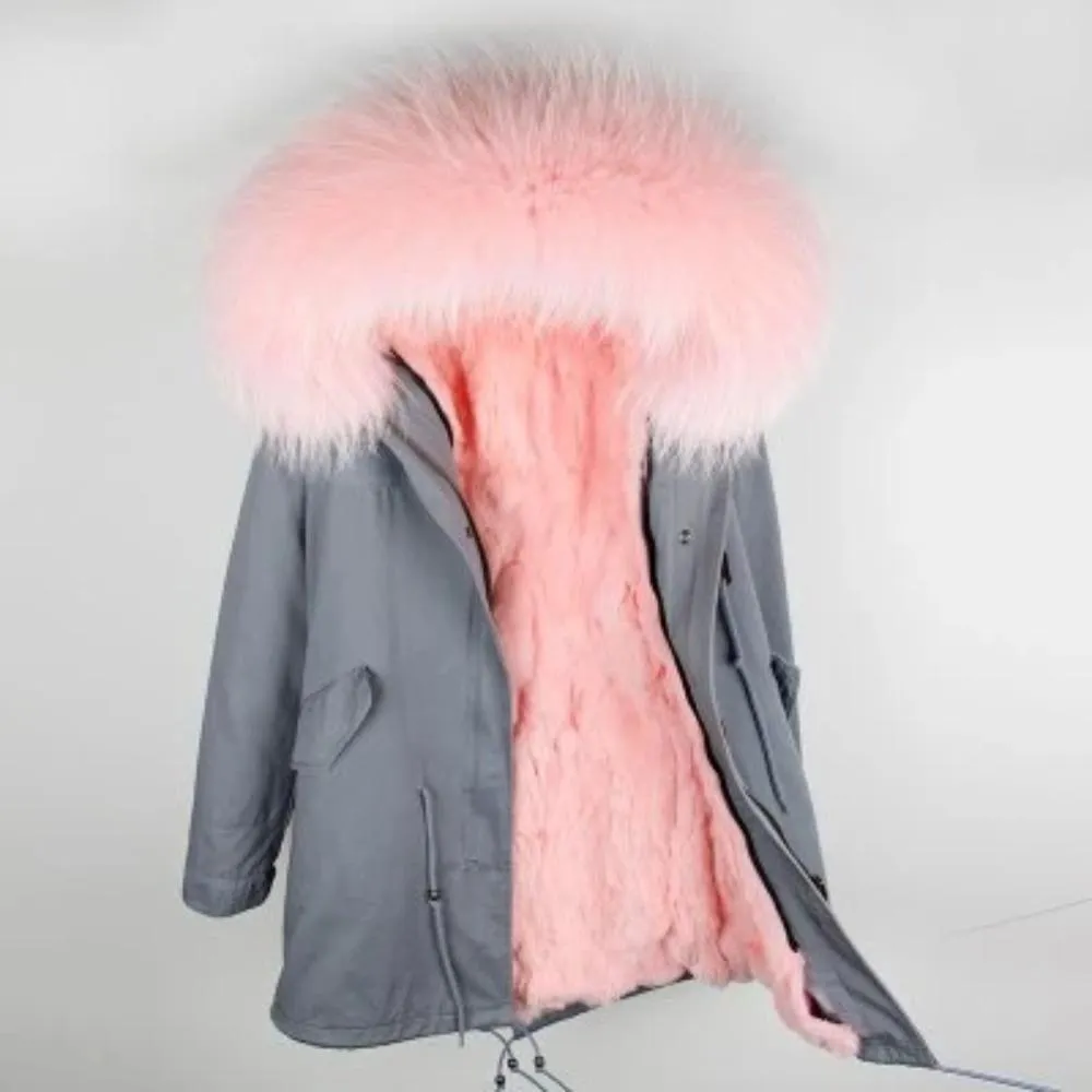 Women's Winter Casual Hooded Long Parka With Rabbit Fur
