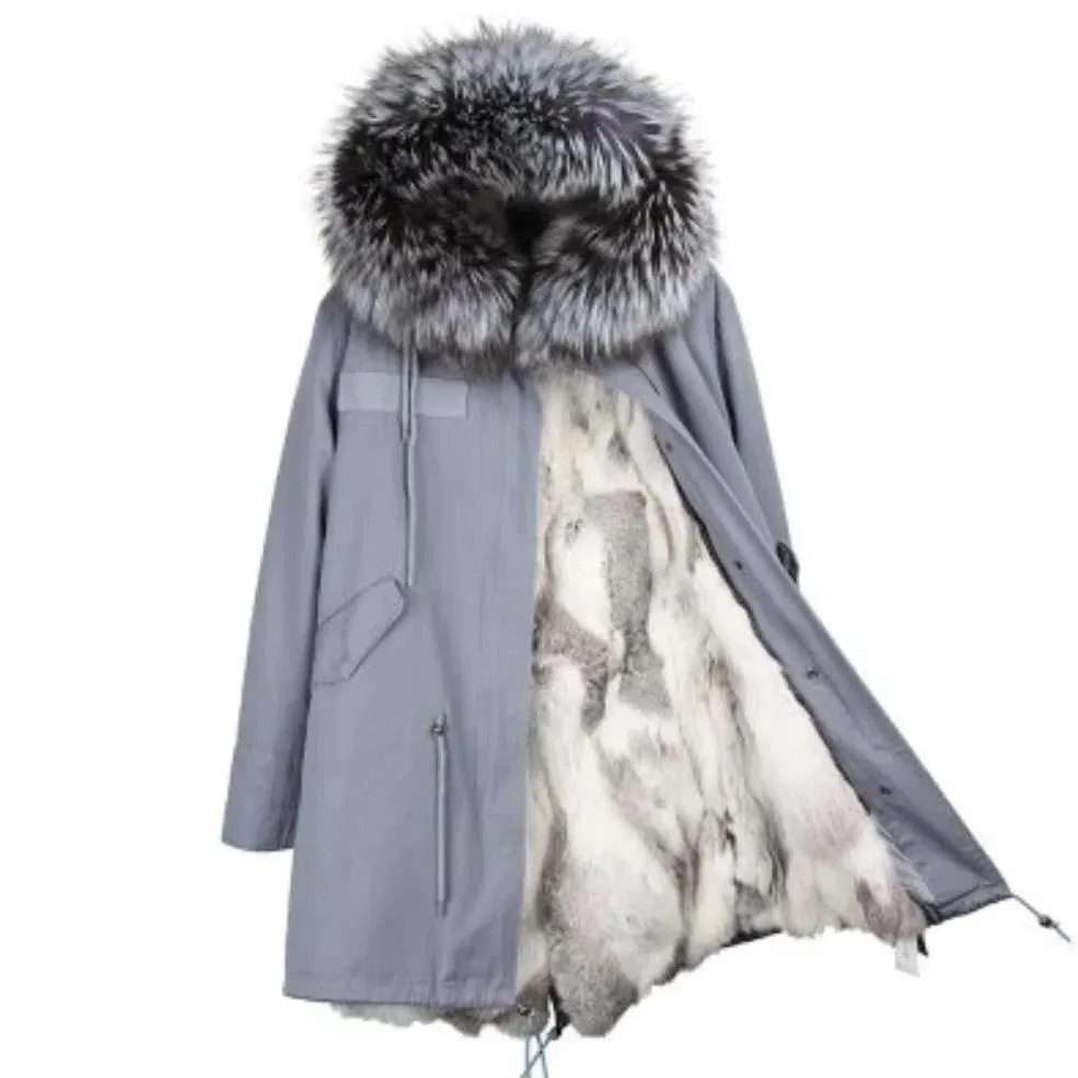 Women's Winter Casual Hooded Long Parka With Rabbit Fur