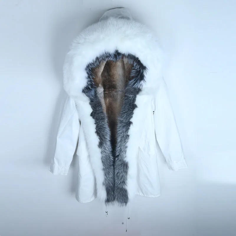 Women's Winter Casual Hooded Long Warm Parka With Rabbit Fur